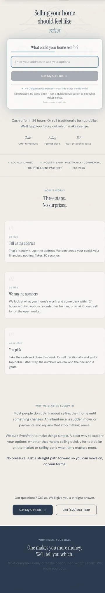 EvenPath Homes live site, full mobile page capture