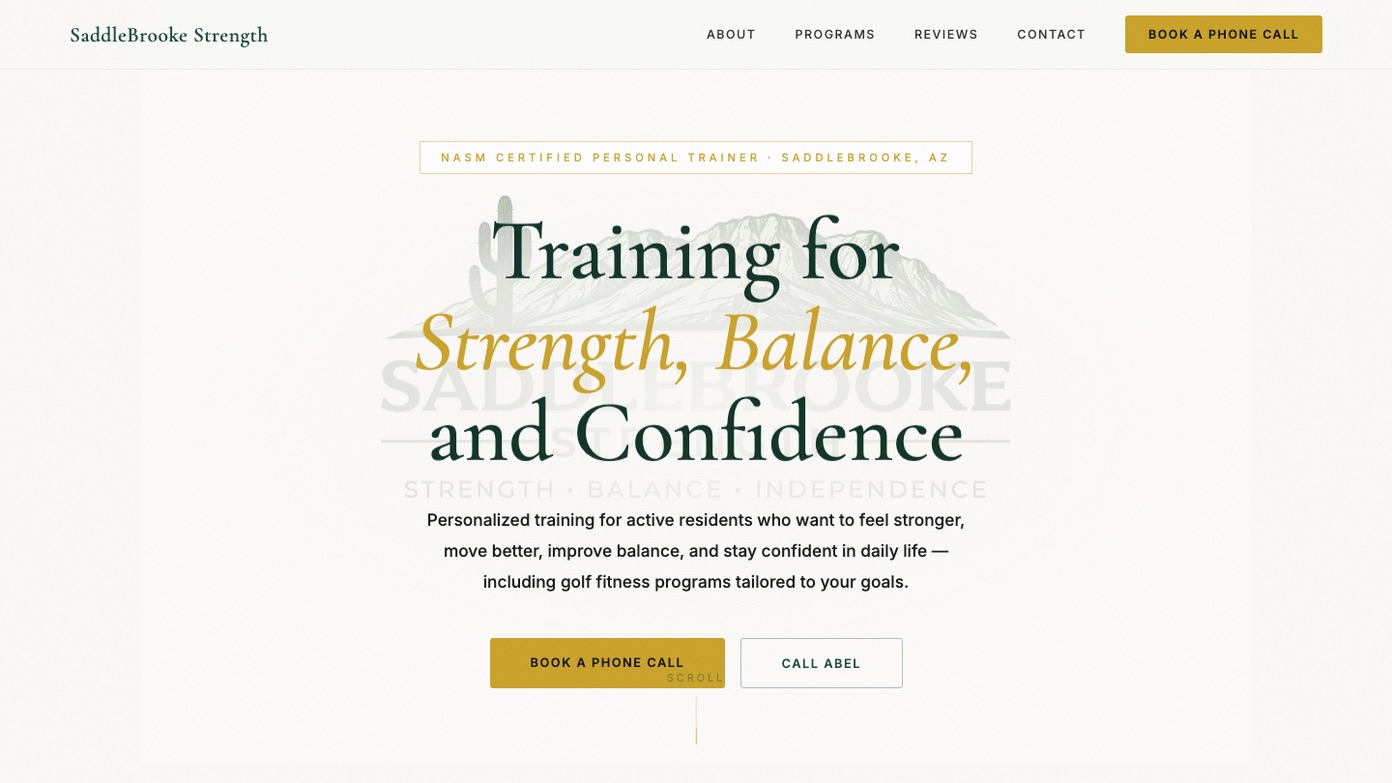 SaddleBrooke Strength live site, top of the desktop home page