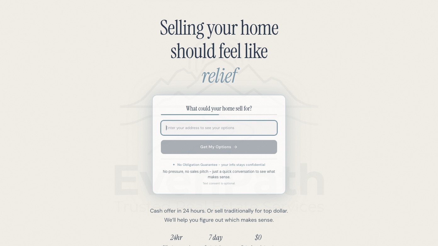 EvenPath Homes live site, top of the desktop home page